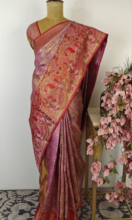 Pink colour Kanchi saree with red border