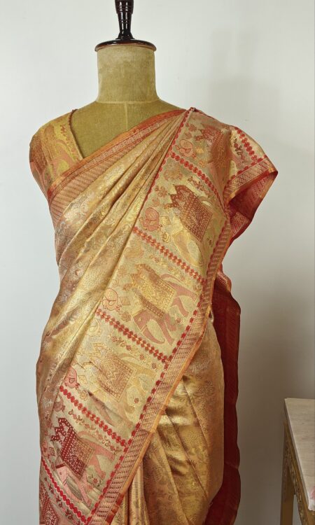 Gold Kanchi silk saree with Elephant zari border