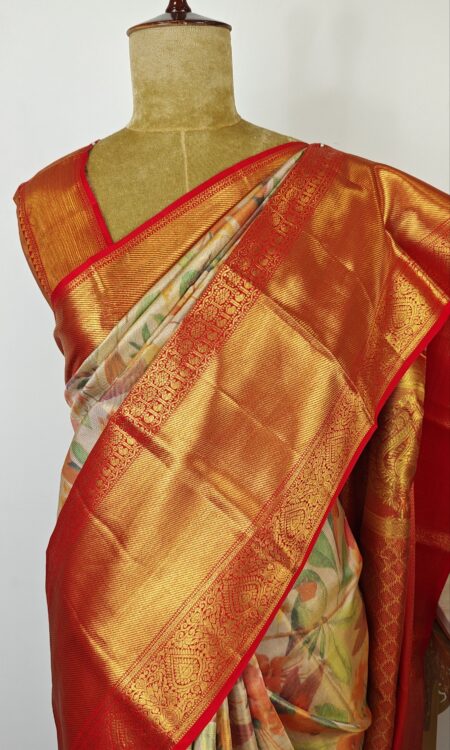 Gold Floral printed Kanchi silk saree with gold zari border and rich pallu