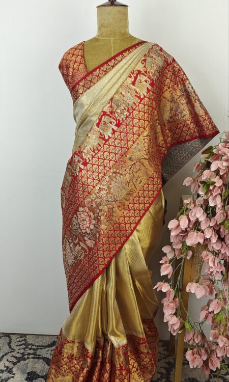 Gold color Kanchi saree with red border