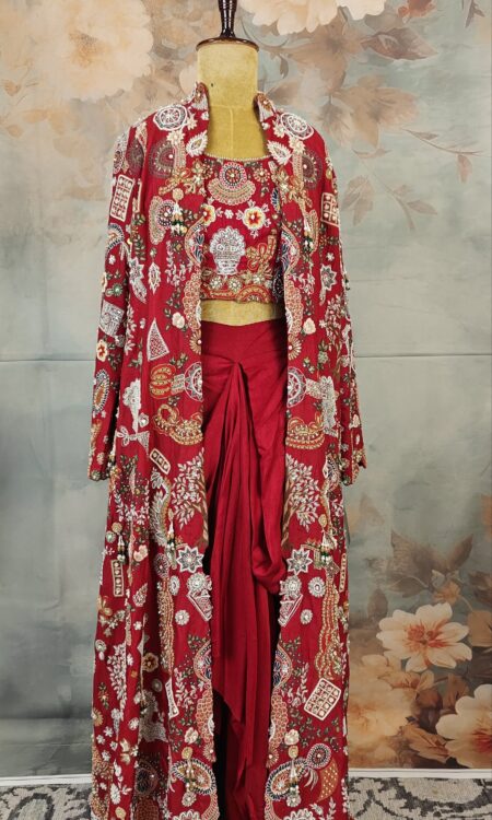 Maroon Hand Embroidered 3-piece Jacket, Blouse and Draped Skirt Set