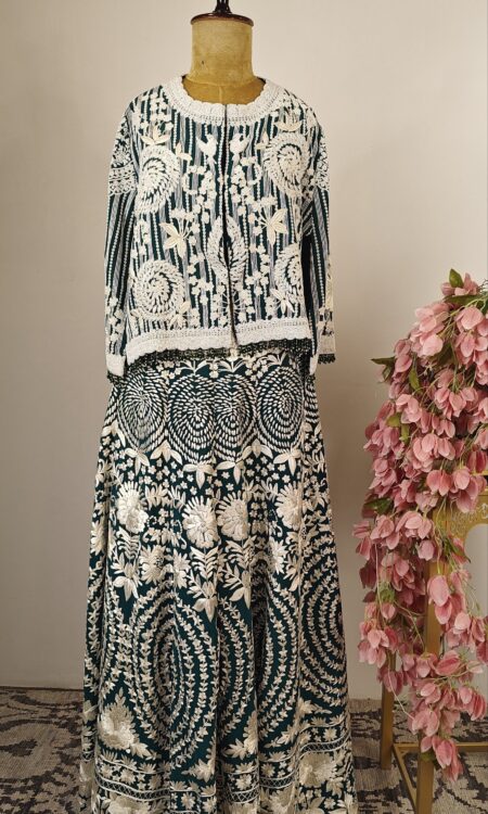 Bottle green Parsi Gara palazzo pants with cape blouse