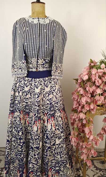 Dark blue handcrafted parsi gara  pants with bead work and parsi cape blouse