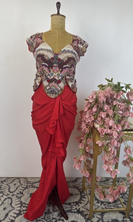 Red Drape skirt with peplum top