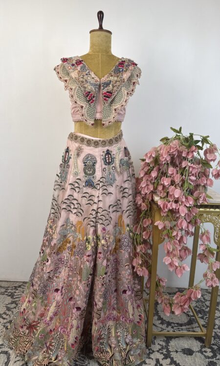 Powder pink indo western pants with crop top