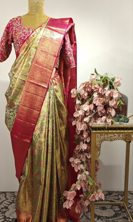 Floral and birds motif green Kanchi saree