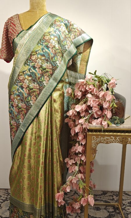 Bird and floral concept light green Kanchi saree