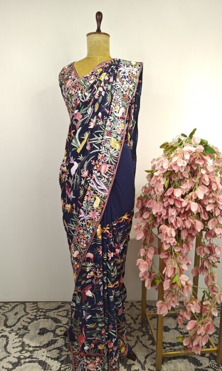 Blue georgette parsi gara saree