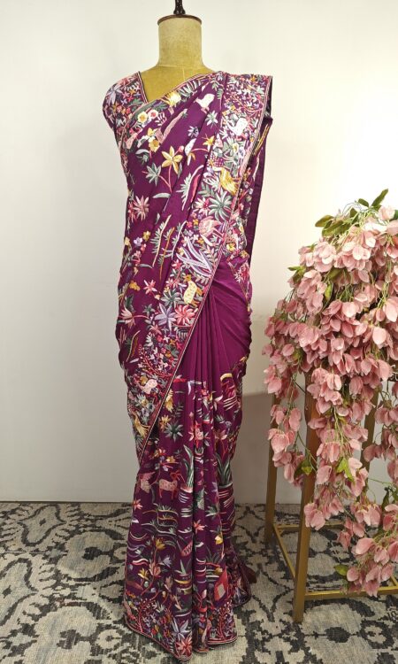 Wine crepe parsi gara saree