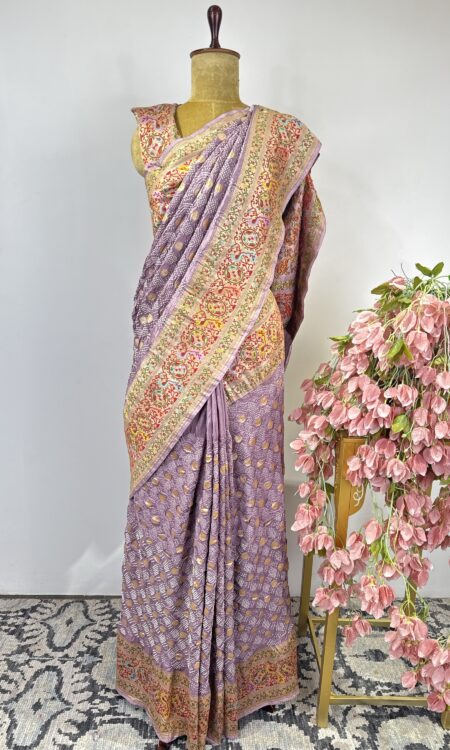 Lavender colour bandhani saree