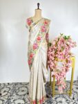 Silver banarasi tissue saree with petit point border
