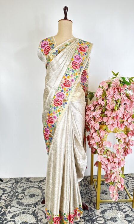 Silver banarasi tissue saree with petit point border