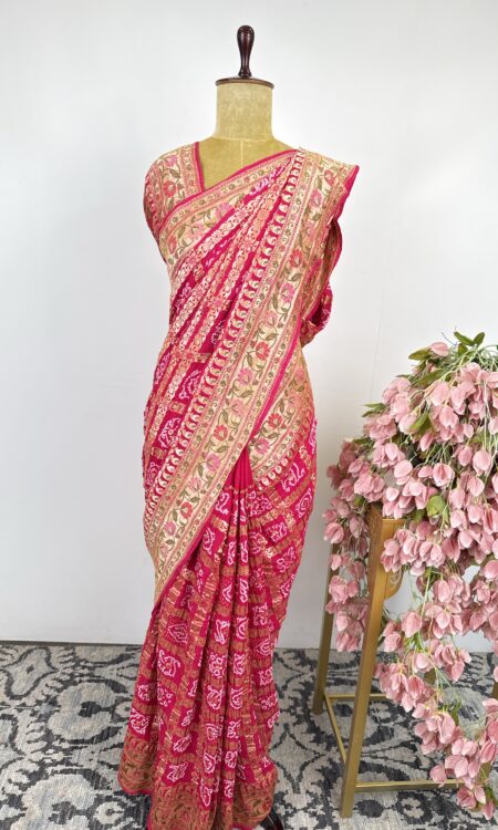 Pink colour gharchola bandhani saree