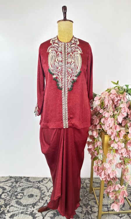 Maroon colour jacket with drape skirt