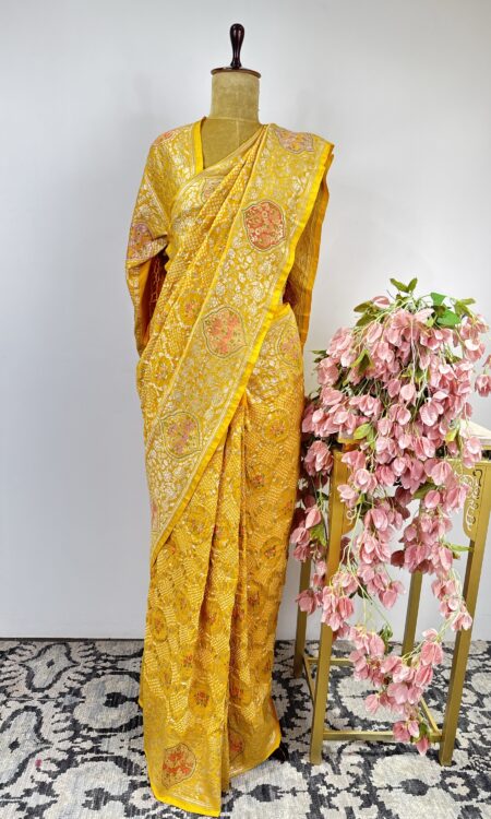 Yellow colour bandhani saree
