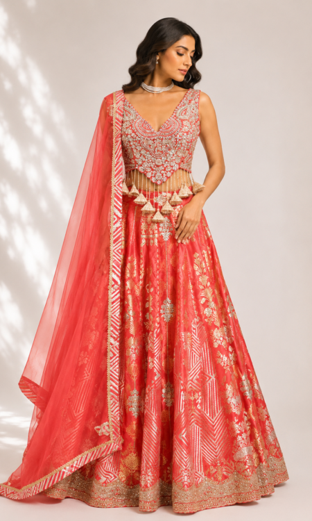 Orange colour Banarasi silk brocade lehenga