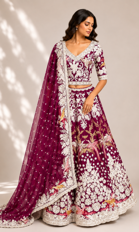 Wine colour Parsi-gara lehenga