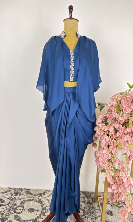 Blue colour satin drape skirt with top