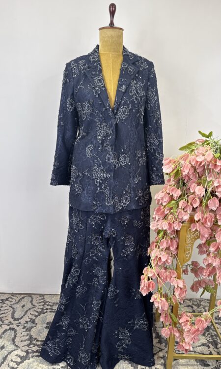 Navy blue jacket with flared pants