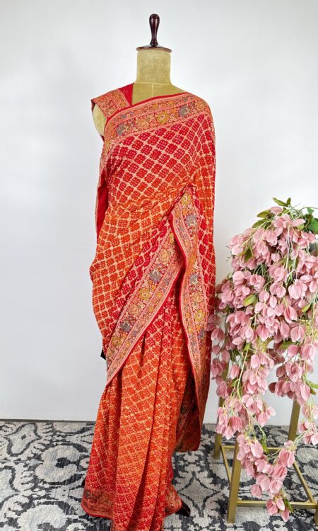 Red to orange bandhani saree