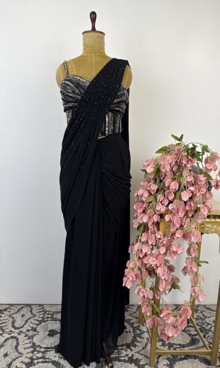 Black net drape saree
