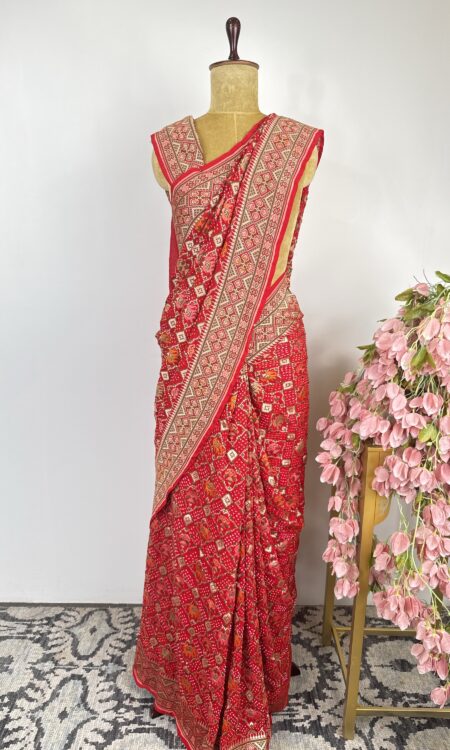 Red colour pure Georgette bandhani saree