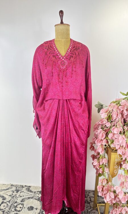 Pink colour printed pleated kaftan