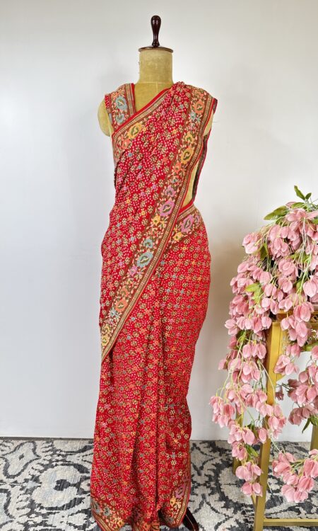 Red colour bandhani saree