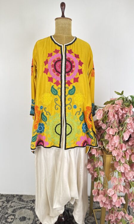 Yellow colour short top with dothi pants