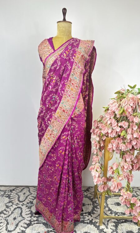 Royal Magenta Bandhani Saree with Heritage Floral Border