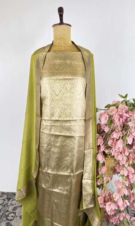 Green colour brocade unstitched suit