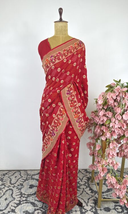 Red colour bandhani saree