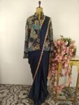 Navy Blue drape saree with heavy jacket