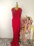 Crimson red drape saree with embroidered jacket