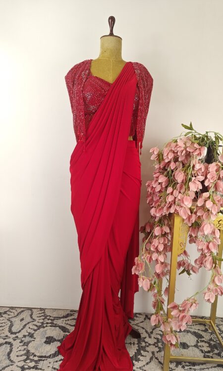 Crimson red drape saree with embroidered jacket