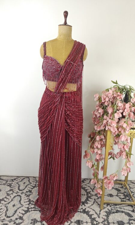 Deep crimson red drape saree