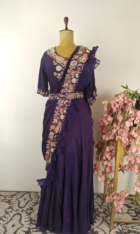 Deep purple drape saree with pants
