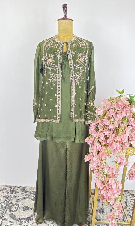 Olive green colour suit with jacket and flared pants