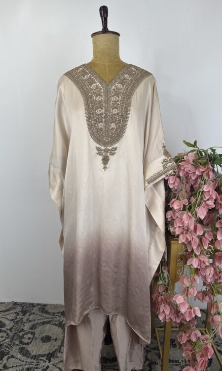 Off white and grey shaded kaftan top with straight pants