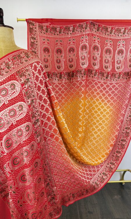 Red to yellow (pilia) bandhani dupatta