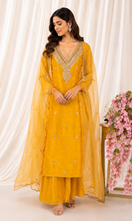 Yellow colour unstitched suit