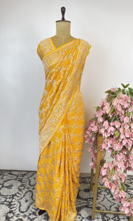 Yellow colour pure Georgette bandhani saree