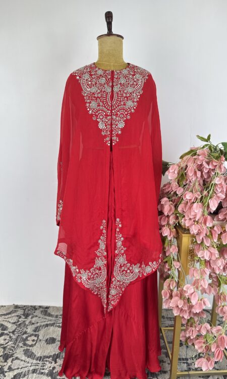 Red colour cape with flared pant