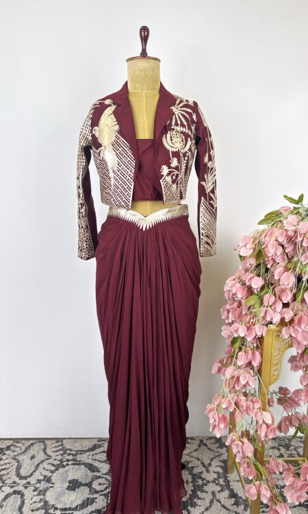 Deep maroon pleated skirt with top and jacket