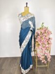 Deep Teal blue satin Parsi gara saree