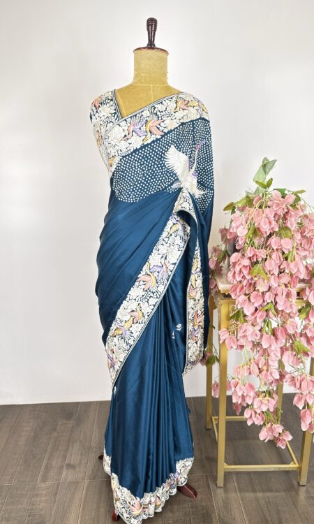Deep Teal blue satin Parsi gara saree