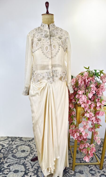 Off white colour jacket with drape skirt