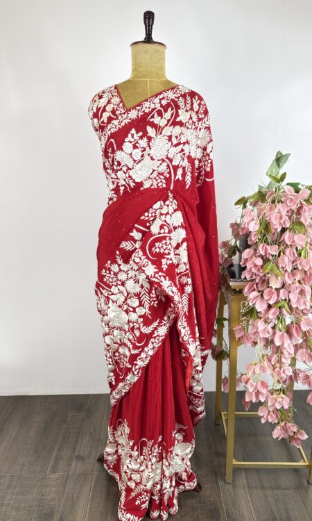 Red colour satin Parsi gara saree