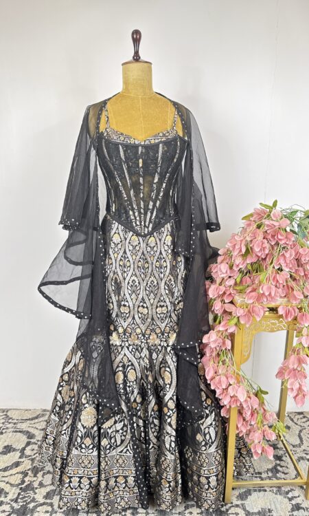 Black colour fitted lehenga with corset top