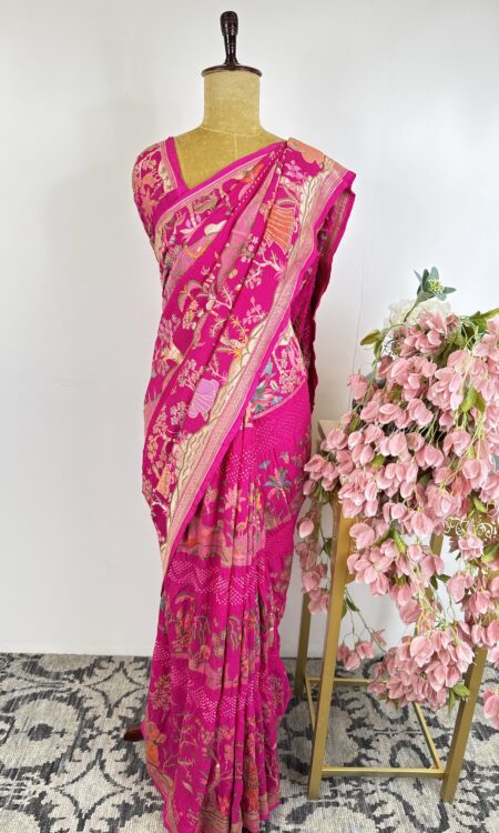 Pink colour bandhani saree